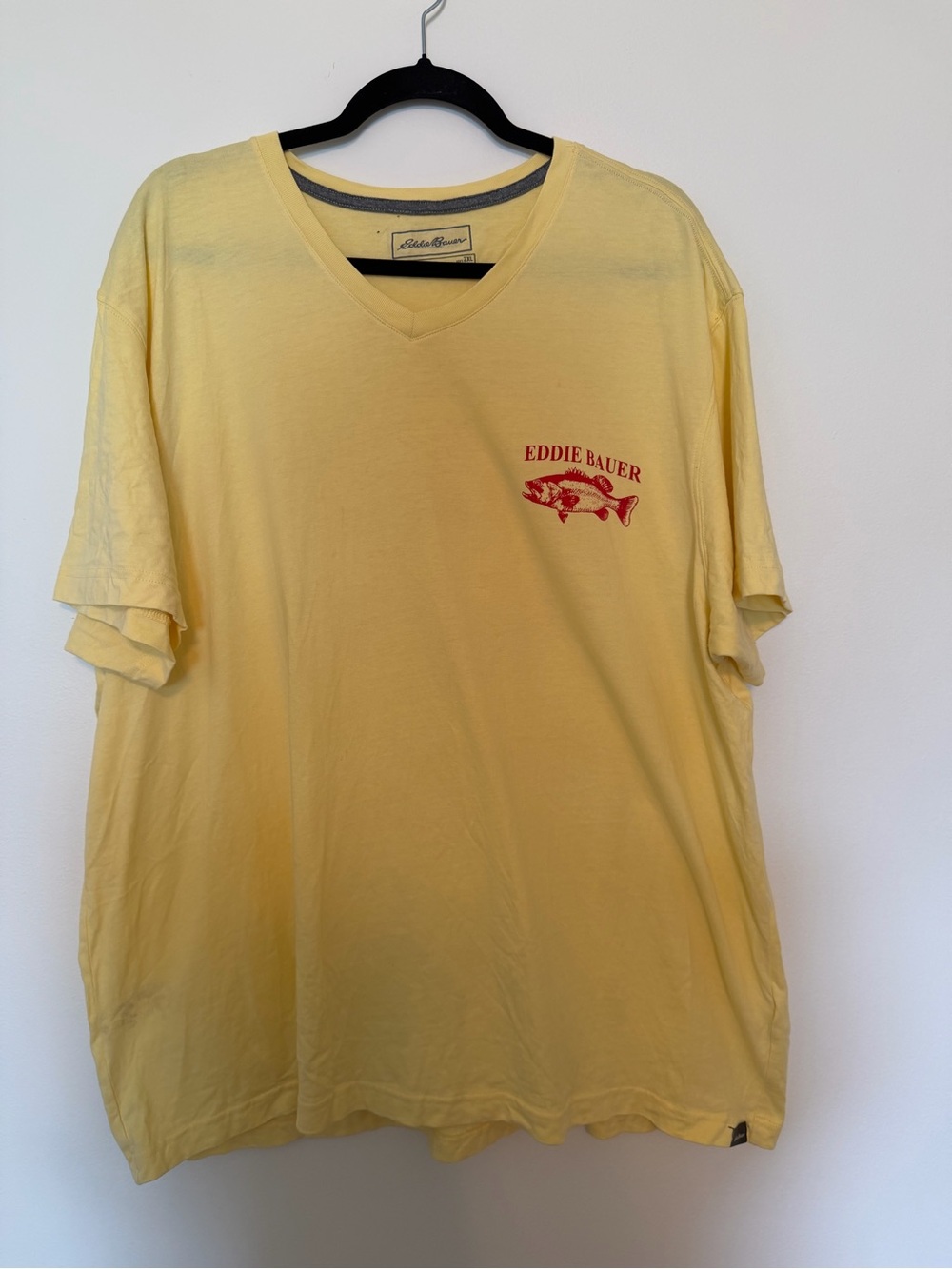 Eddie Bauer Men's Yellow V-Neck Short Sleeve Shirt- Fish - Camp